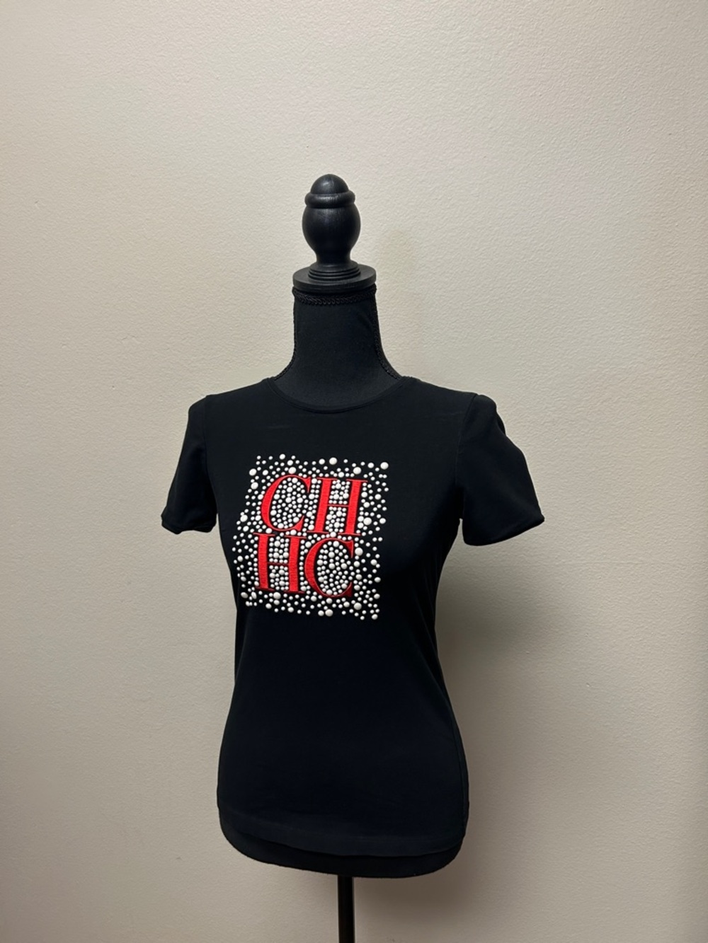 Carolina Herrera Black Tee with Red CH Logo and White Embellishments - Picture 2 of 3